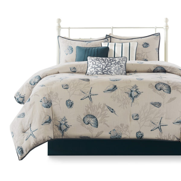 HomeRoots Set of Seven Queen Bedding in Blue and Ivory - Soft Cotton Comforter with Ring Stitch Design 678434