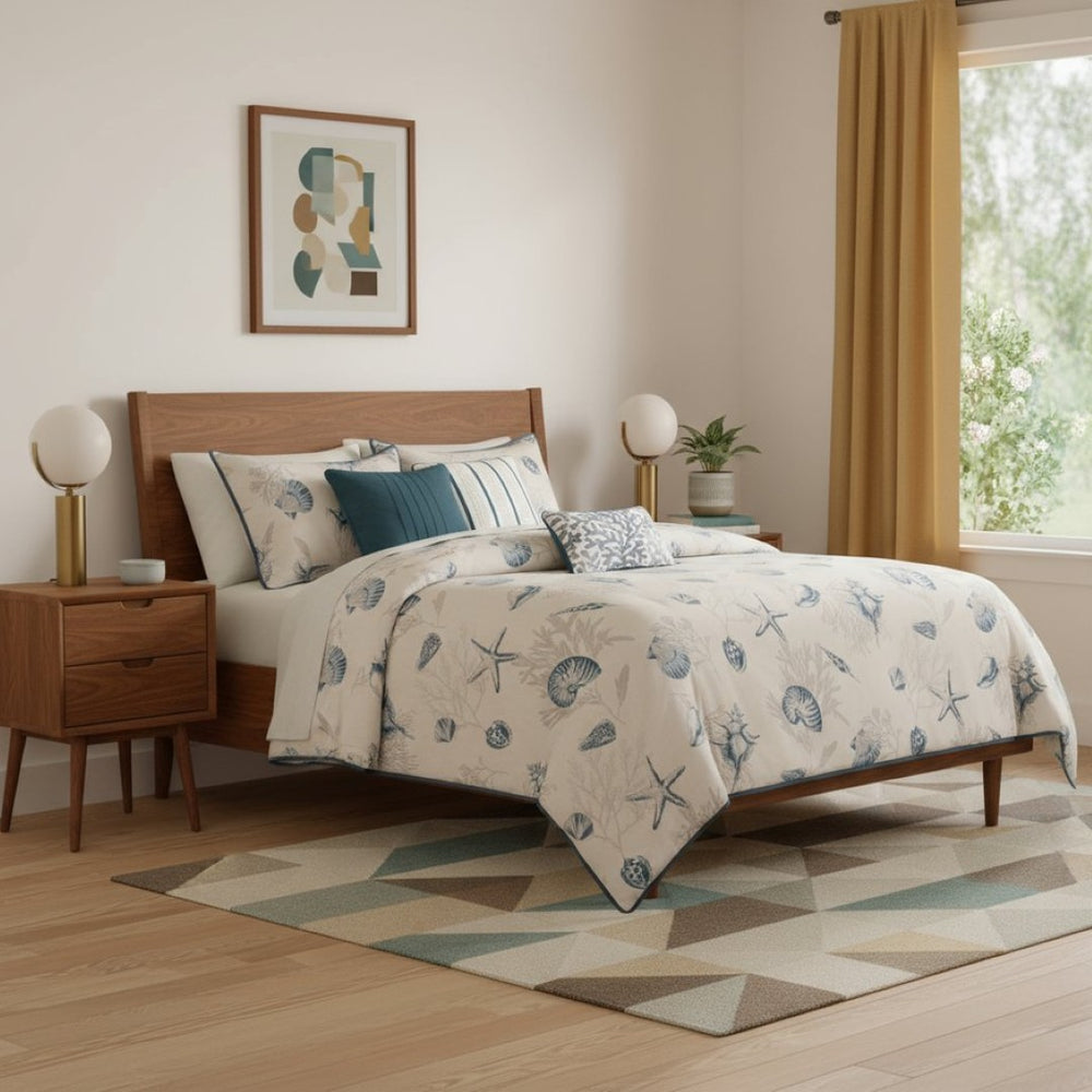 HomeRoots Set of Seven Queen Bedding in Blue and Ivory - Soft Cotton Comforter with Ring Stitch Design 678434