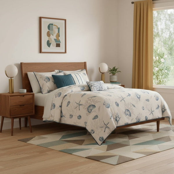 HomeRoots Set of Seven Queen Bedding in Blue and Ivory - Soft Cotton Comforter with Ring Stitch Design 678434