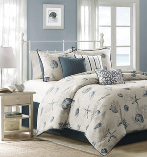 HomeRoots Set of Seven Queen Bedding in Blue and Ivory - Soft Cotton Comforter with Ring Stitch Design 678434
