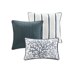 HomeRoots Set of Seven Queen Bedding in Blue and Ivory - Soft Cotton Comforter with Ring Stitch Design 678434