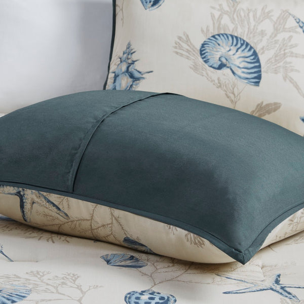 HomeRoots Set of Seven Queen Bedding in Blue and Ivory - Soft Cotton Comforter with Ring Stitch Design 678434