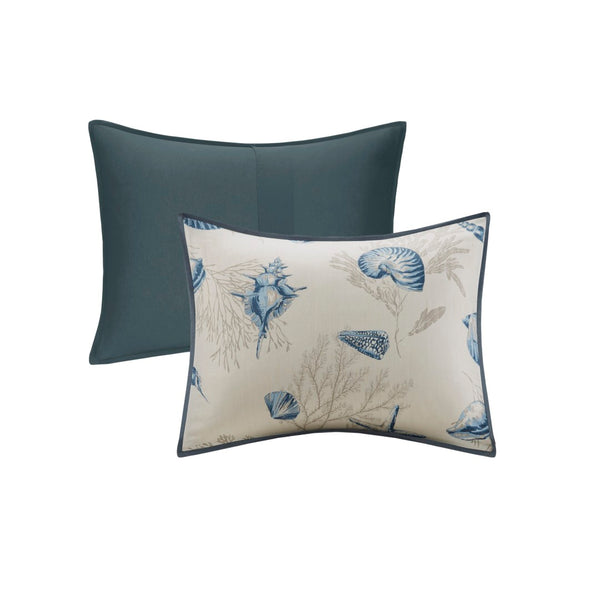 HomeRoots Set of Seven Queen Bedding in Blue and Ivory - Soft Cotton Comforter with Ring Stitch Design 678434