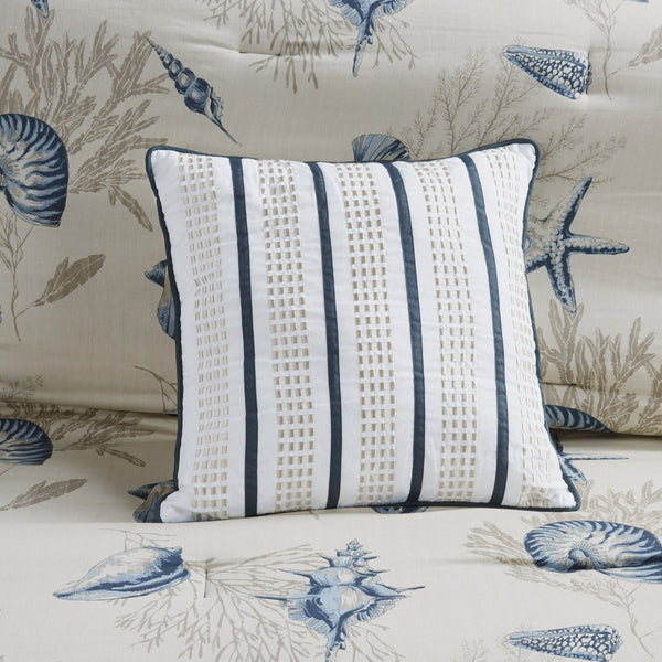 HomeRoots Set of Seven Queen Bedding in Blue and Ivory - Soft Cotton Comforter with Ring Stitch Design 678434