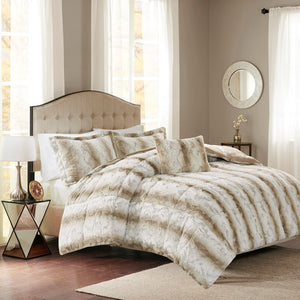 HomeRoots Set of Four Sand and Ivory Striped Queen Bedding - Soft Polyester Comforter & Shams for Summer Comfort 678435