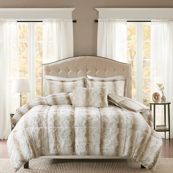 HomeRoots Set of Four Sand and Ivory Striped Queen Bedding - Soft Polyester Comforter & Shams for Summer Comfort 678435