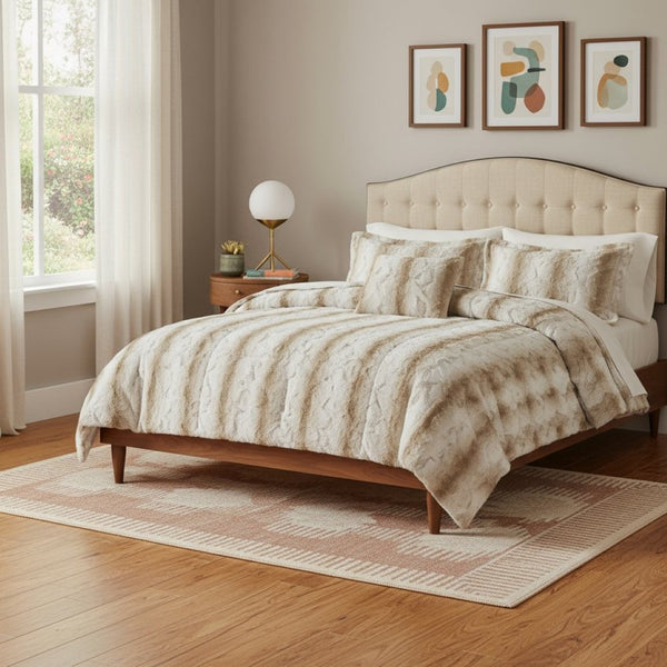HomeRoots Set of Four Sand and Ivory Striped Queen Bedding - Soft Polyester Comforter & Shams for Summer Comfort 678435