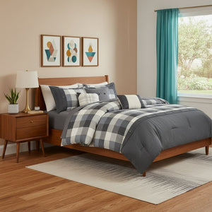 HomeRoots Set of Seven Gray & Ivory Plaid King Comforter with Shams - Stylish, Durable, Summer Bedding Set 678436