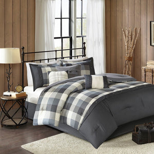 HomeRoots Set of Seven Gray & Ivory Plaid King Comforter with Shams - Stylish, Durable, Summer Bedding Set 678436