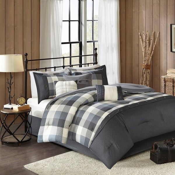HomeRoots Set of Seven Gray & Ivory Plaid King Comforter with Shams - Stylish, Durable, Summer Bedding Set 678436