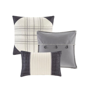 HomeRoots Set of Seven Gray & Ivory Plaid King Comforter with Shams - Stylish, Durable, Summer Bedding Set 678436