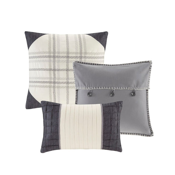 HomeRoots Set of Seven Gray & Ivory Plaid King Comforter with Shams - Stylish, Durable, Summer Bedding Set 678436