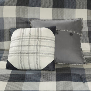 HomeRoots Set of Seven Gray & Ivory Plaid King Comforter with Shams - Stylish, Durable, Summer Bedding Set 678436