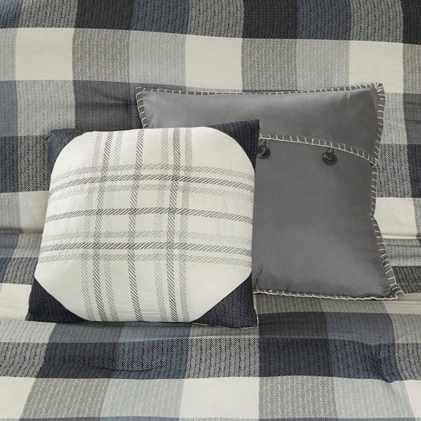 HomeRoots Set of Seven Gray & Ivory Plaid King Comforter with Shams - Stylish, Durable, Summer Bedding Set 678436