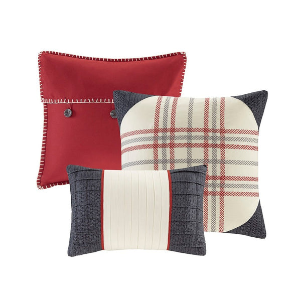 HomeRoots Set of Seven Striking Red and Gray Plaid King Bedding Set with Ring-Stitch Comforter & Shams 678437