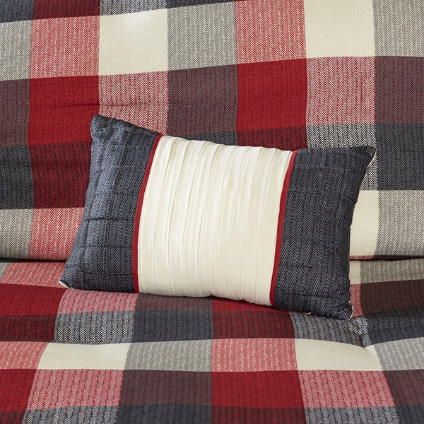 HomeRoots Set of Seven Striking Red and Gray Plaid King Bedding Set with Ring-Stitch Comforter & Shams 678437