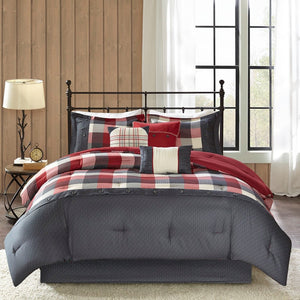 HomeRoots Set of Seven Striking Red and Gray Plaid King Bedding Set with Ring-Stitch Comforter & Shams 678437