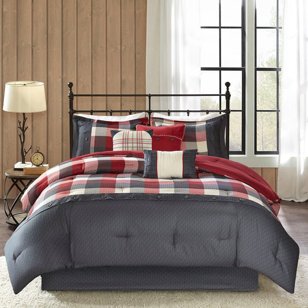 HomeRoots Set of Seven Striking Red and Gray Plaid King Bedding Set with Ring-Stitch Comforter & Shams 678437