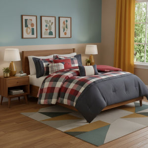 HomeRoots Set of Seven Striking Red and Gray Plaid King Bedding Set with Ring-Stitch Comforter & Shams 678437