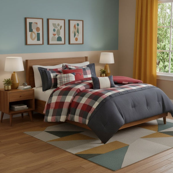 HomeRoots Set of Seven Striking Red and Gray Plaid King Bedding Set with Ring-Stitch Comforter & Shams 678437