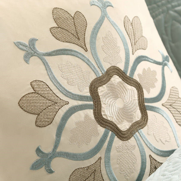 HomeRoots Set of Nine Elegant Ivory & Light Blue Medallion King Bedding Ensemble with Ring Stitch Texture 678438