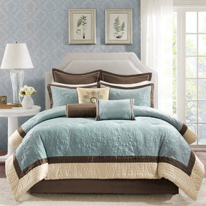 HomeRoots Set of Nine Elegant Ivory & Light Blue Medallion King Bedding Ensemble with Ring Stitch Texture 678438
