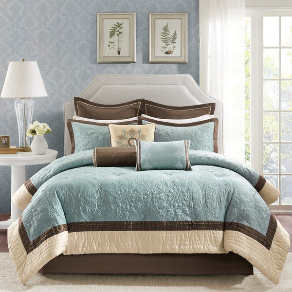 HomeRoots Set of Nine Elegant Ivory & Light Blue Medallion King Bedding Ensemble with Ring Stitch Texture 678438