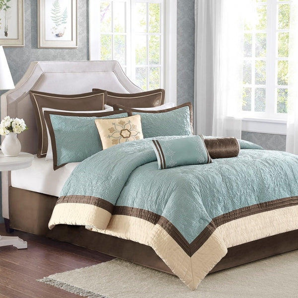 HomeRoots Set of Nine Elegant Ivory & Light Blue Medallion King Bedding Ensemble with Ring Stitch Texture 678438