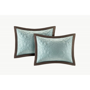 HomeRoots Set of Nine Elegant Ivory & Light Blue Medallion King Bedding Ensemble with Ring Stitch Texture 678438