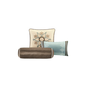 HomeRoots Set of Nine Elegant Ivory & Light Blue Medallion King Bedding Ensemble with Ring Stitch Texture 678438