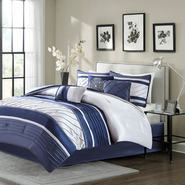 HomeRoots Set of Seven Navy Blue Striped Queen Bedding Set - Luxurious Comforter, Shams & Accessories Included 678439
