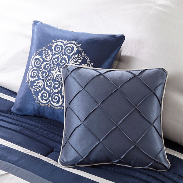 HomeRoots Set of Seven Navy Blue Striped Queen Bedding Set - Luxurious Comforter, Shams & Accessories Included 678439