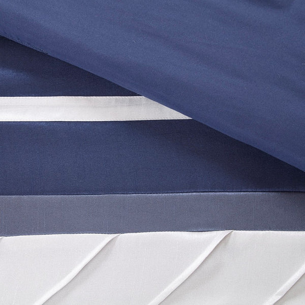HomeRoots Set of Seven Navy Blue Striped Queen Bedding Set - Luxurious Comforter, Shams & Accessories Included 678439
