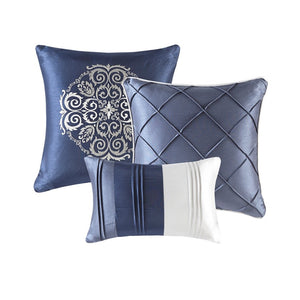HomeRoots Set of Seven Navy Blue Striped Queen Bedding Set - Luxurious Comforter, Shams & Accessories Included 678439
