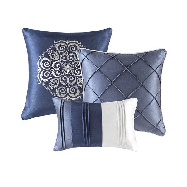 HomeRoots Set of Seven Navy Blue Striped Queen Bedding Set - Luxurious Comforter, Shams & Accessories Included 678439