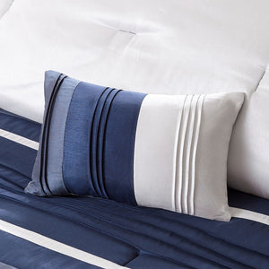 HomeRoots Set of Seven Navy Blue Striped Queen Bedding Set - Luxurious Comforter, Shams & Accessories Included 678439