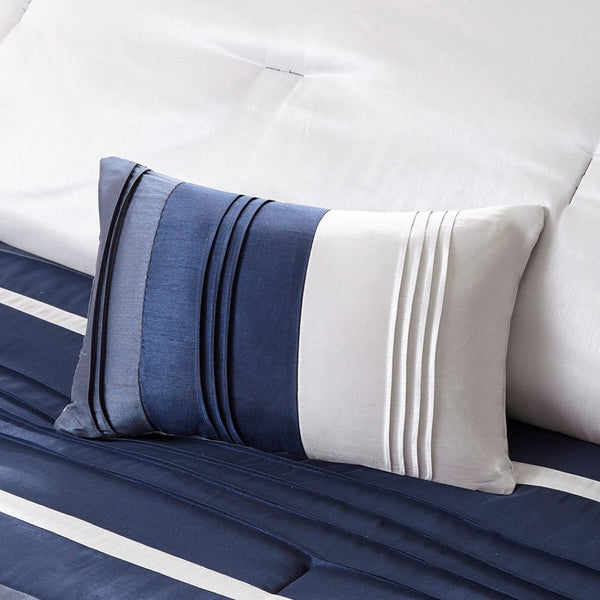 HomeRoots Set of Seven Navy Blue Striped Queen Bedding Set - Luxurious Comforter, Shams & Accessories Included 678439