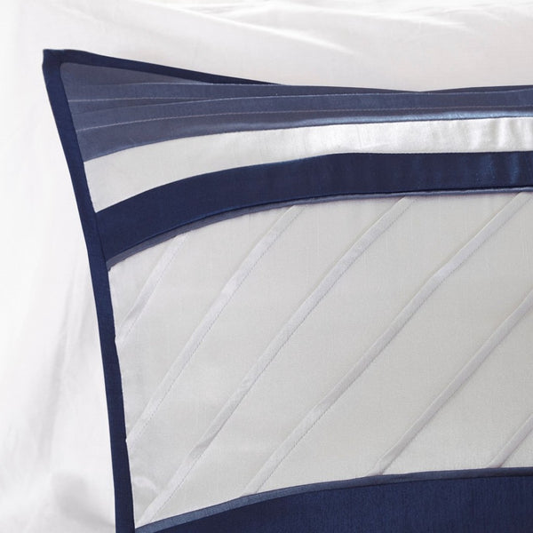 HomeRoots Set of Seven Navy Blue Striped Queen Bedding Set - Luxurious Comforter, Shams & Accessories Included 678439