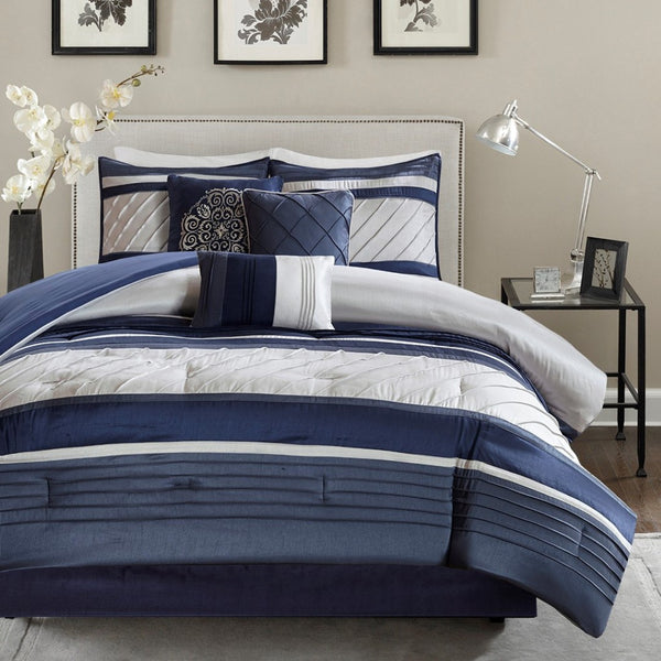 HomeRoots Set of Seven Navy Blue Striped Queen Bedding Set - Luxurious Comforter, Shams & Accessories Included 678439