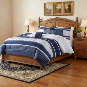 HomeRoots Set of Seven Navy Blue Striped Queen Bedding Set - Luxurious Comforter, Shams & Accessories Included 678439