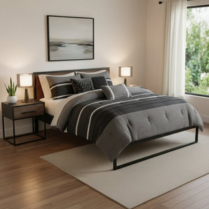 HomeRoots Set of Seven Black King Bedding Ensemble - Luxurious Polyester Comforter with Textured Shams 678442