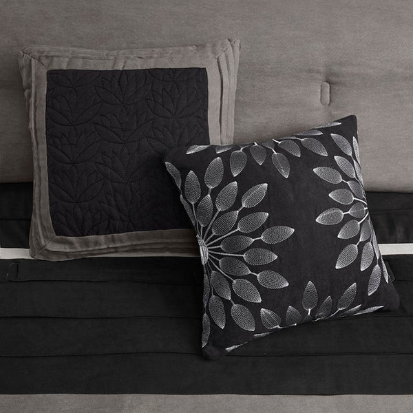 HomeRoots Set of Seven Black King Bedding Ensemble - Luxurious Polyester Comforter with Textured Shams 678442