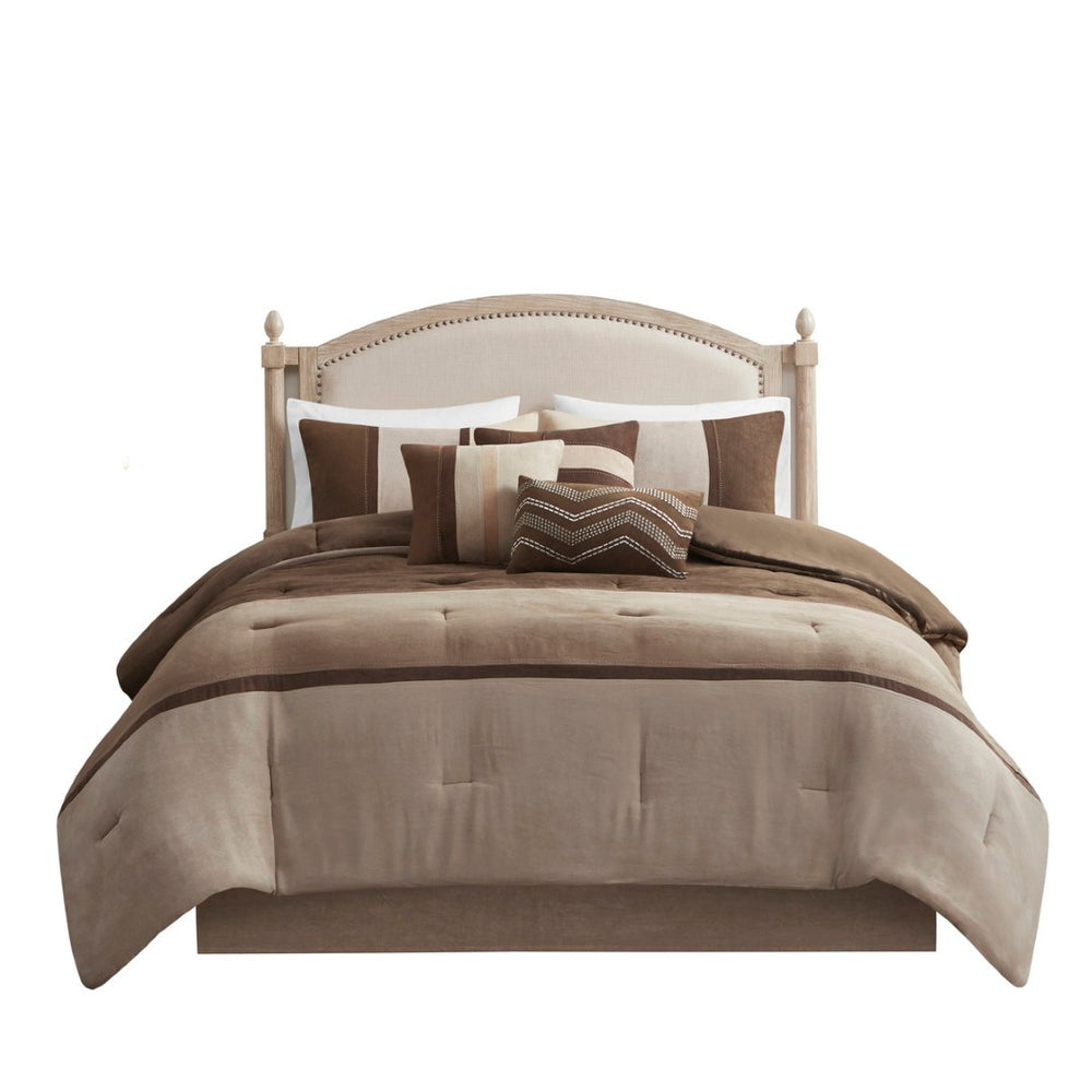 HomeRoots Set of Seven Brown King Comforter & Sham Ensemble - Mid-Century Style, Soft, Breathable Durability 678443