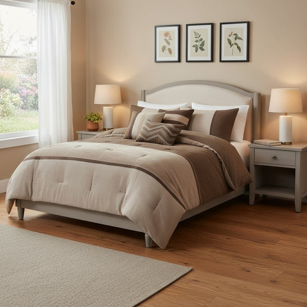 HomeRoots Set of Seven Brown King Comforter & Sham Ensemble - Mid-Century Style, Soft, Breathable Durability 678443
