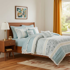 HomeRoots Set of Nine Aqua and Ivory Paisley King Bedding Ensemble - Stylish Comforter, Shams & Decor Accessories 678444