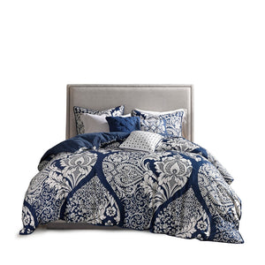 HomeRoots Set of Seven Indigo and White Damask Queen Bedding Ensemble with Soft Polyester Comforter & Shams 678445