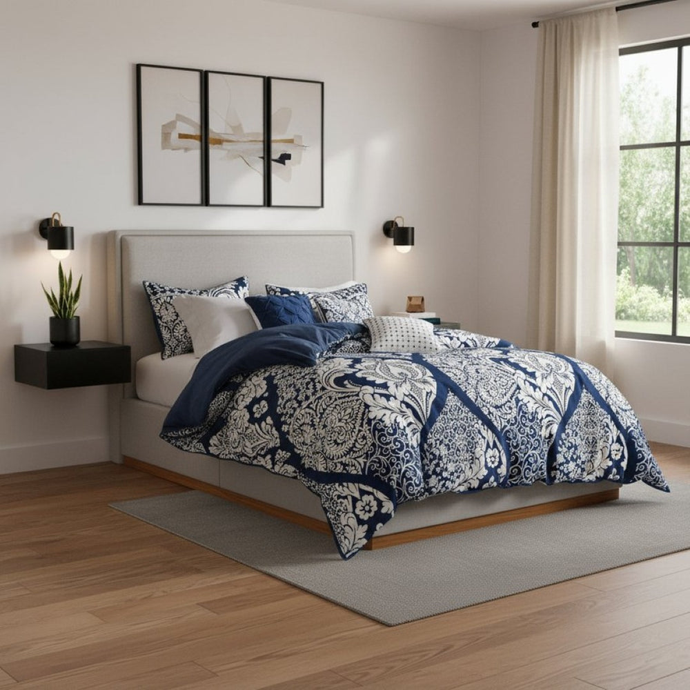HomeRoots Set of Seven Indigo and White Damask Queen Bedding Ensemble with Soft Polyester Comforter & Shams 678445