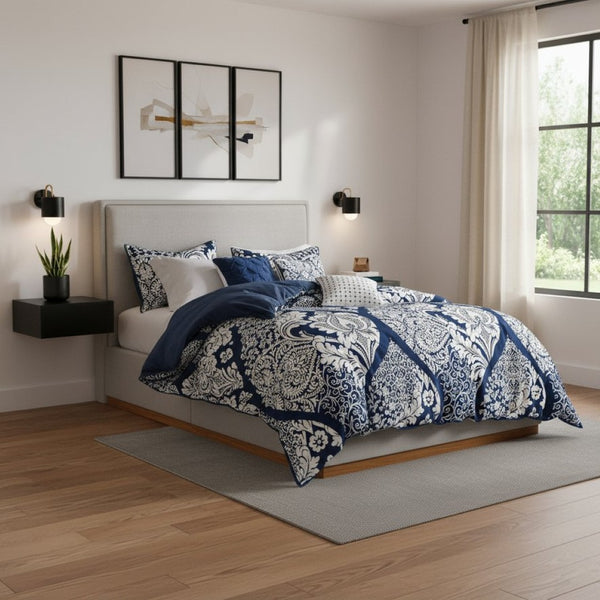 HomeRoots Set of Seven Indigo and White Damask Queen Bedding Ensemble with Soft Polyester Comforter & Shams 678445