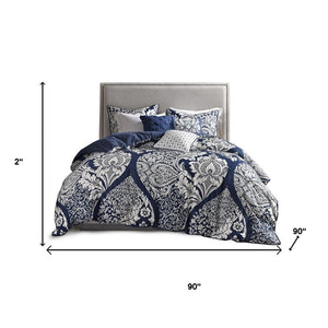 HomeRoots Set of Seven Indigo and White Damask Queen Bedding Ensemble with Soft Polyester Comforter & Shams 678445