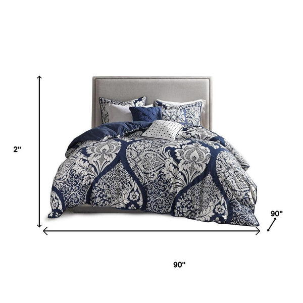 HomeRoots Set of Seven Indigo and White Damask Queen Bedding Ensemble with Soft Polyester Comforter & Shams 678445